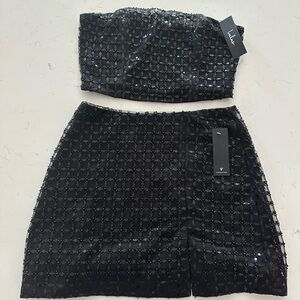 Lulu's  black sequin beaded high-rise miniskirt & strapless crop top